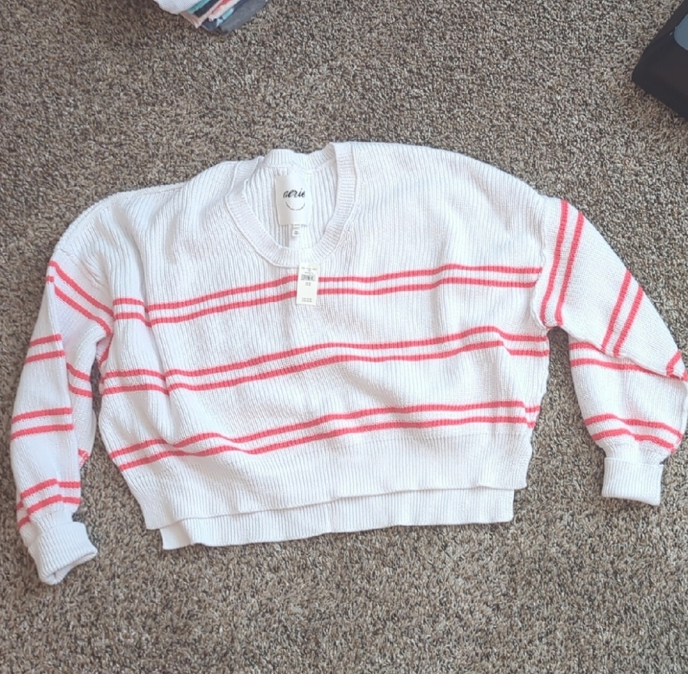 Aerie V-Neck Sweater with Red Stripes